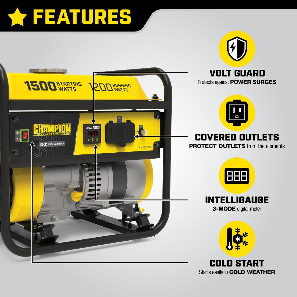 Champion 1200-Watt Multi-Purpose Portable Generator with Cold Start Technology，EPA Certified and CARB Compliant ;