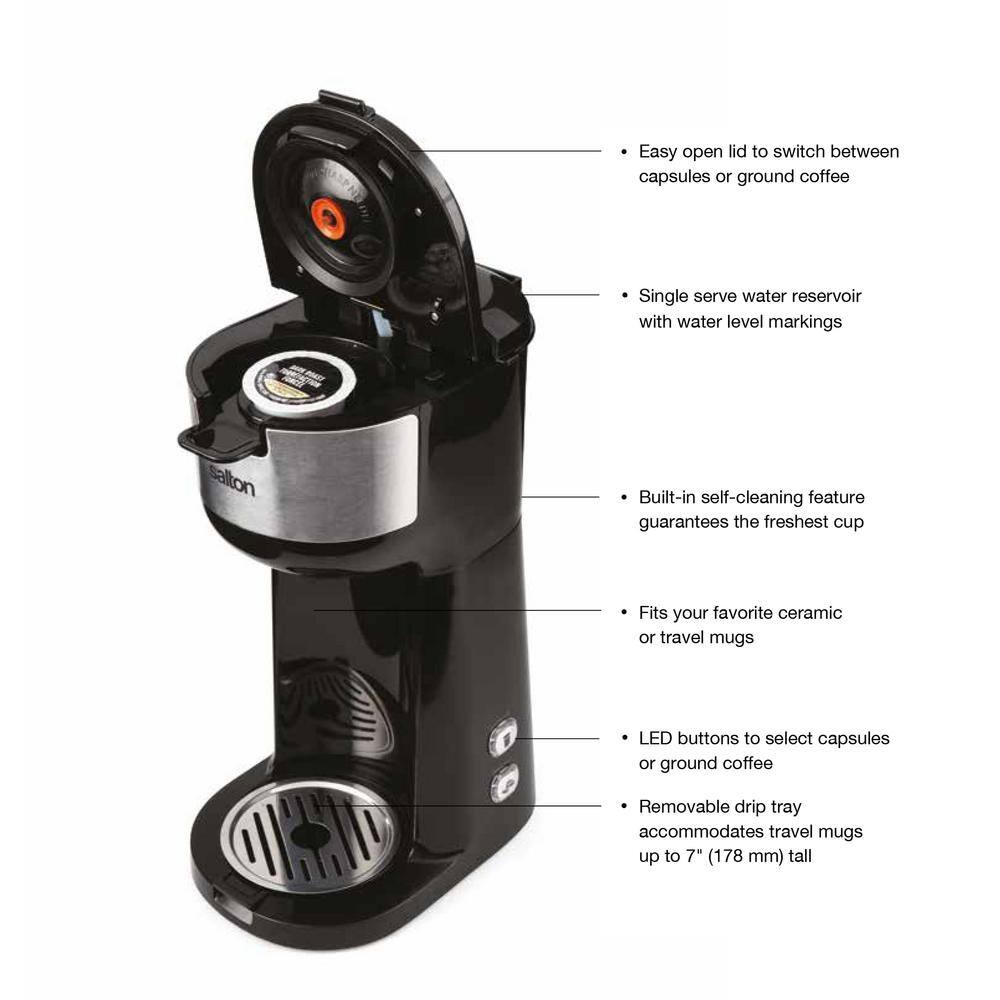 Salton 1.75-Cup 2-in-1 Black 1-Touch Single Serve Travel Coffee Maker with LED Buttons FC1952