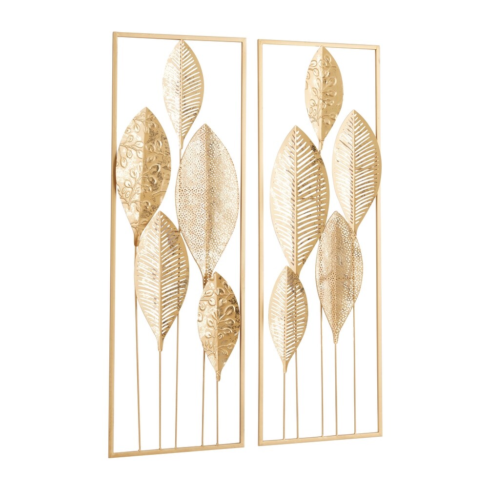 CosmoLiving by Cosmopolitan Gold Metal Tall Cut Out Leaf Wall Decor with Gold Frame (Set of 2)