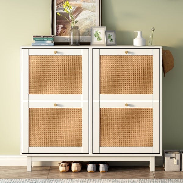 Rattan Boho Style Shoe Cabinet with 4 Flip Drawers， 2-Tier Free Standing Shoe Rack with Large Space， for Entrance Hallway - - 37534620