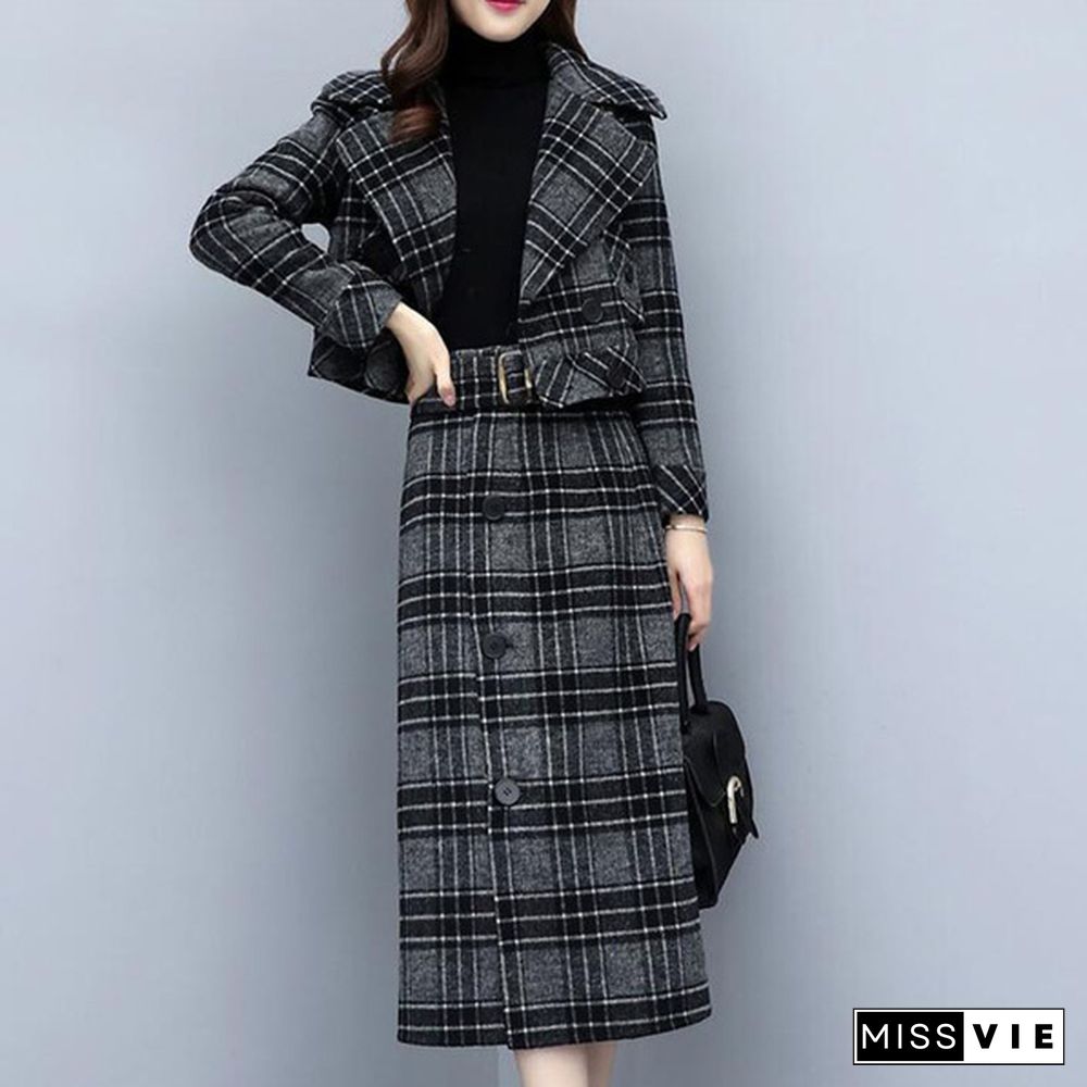 Xs-3Xl Two Piece Sets Short Blazer + Midi Skirt Ladies Work Long Skirt Suits Womens Grey Plaid Skirt Outfits Female Business Suits