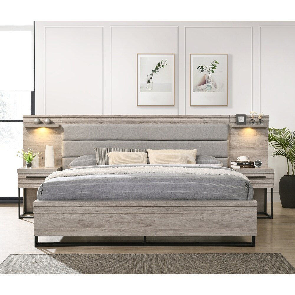 Roundhill Furniture Alvear Upholstered Wood Wallbed Bed with White LED Lights  2 Nightstands  Weathered Gray