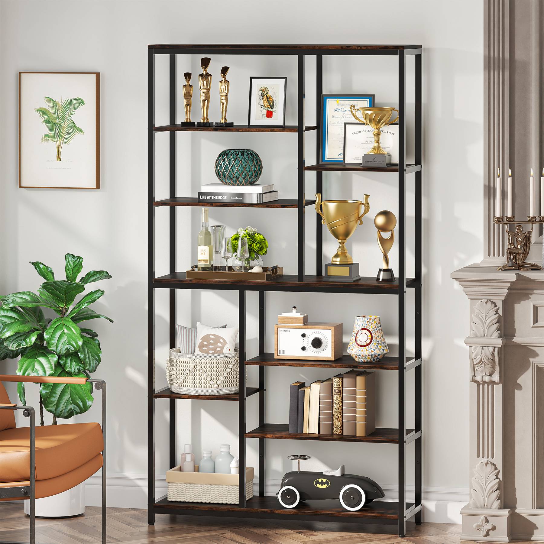 79 Tall Bookshelf, 8-Tier Staggered Etagere Bookcase Shelving Unit