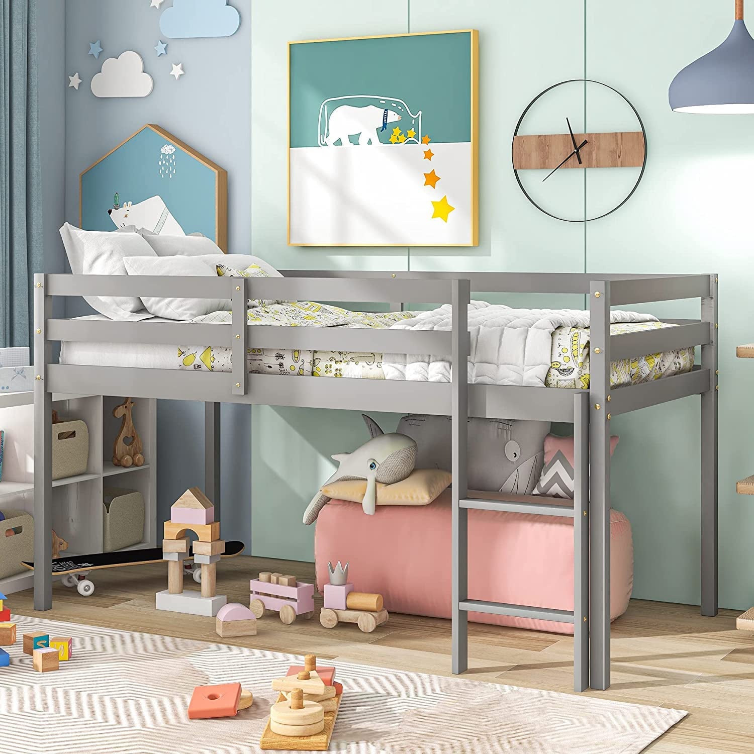 Twin Wood Loft Bed with Full-length Safety Rail and Ladder, Modern Twin Size Loft Bed Frame for Kids Teens Adult, Space Saving Bedroom Low Loft Bed, No Box Spring Needed, Gray, J2319