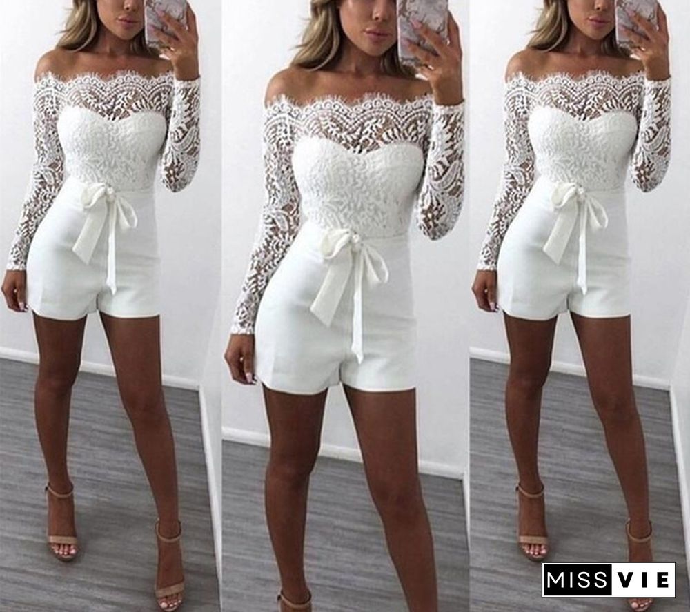 Women Playsuit Party Jumpsuit Romper Short Trousers Pants Clubwear Lace Sleeve