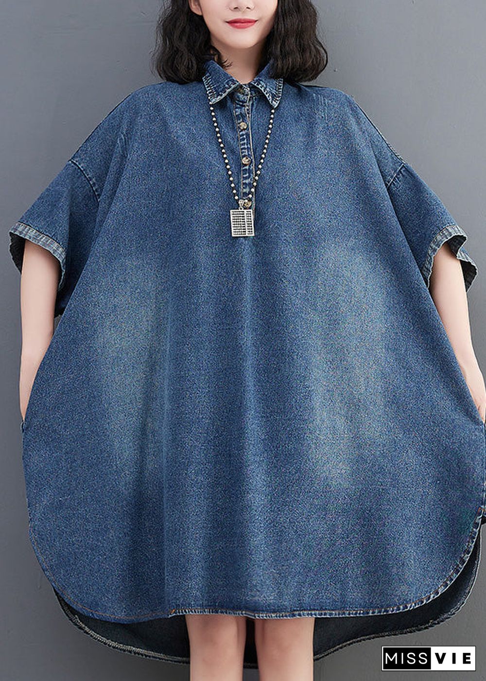 Loose Blue-little flower Button Side Open Maxi Denim Dress Summer