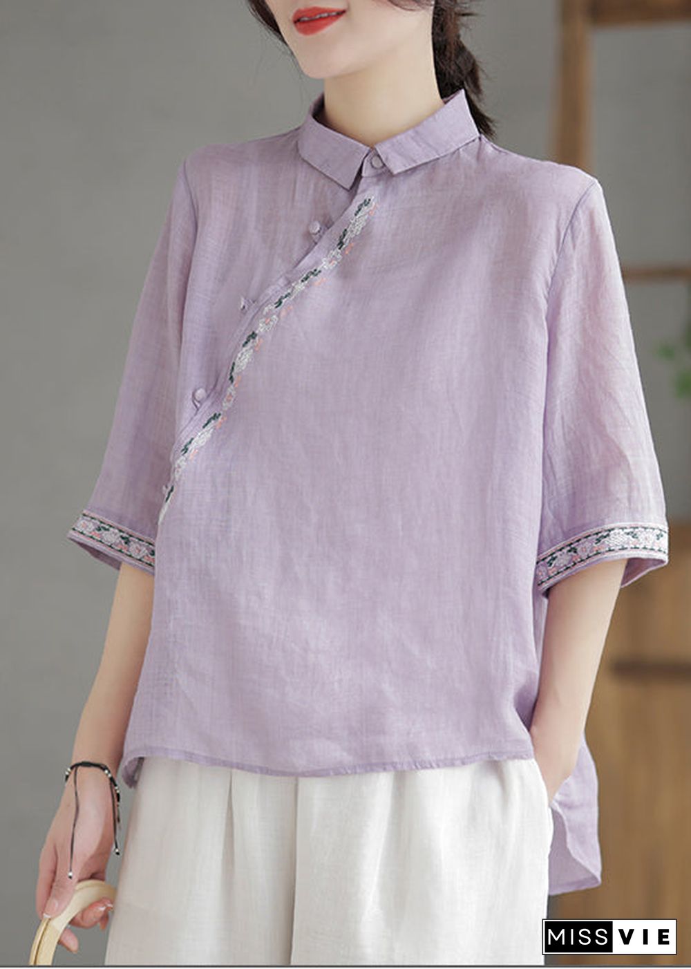 Vintage Purple Embroideried Linen Shirt Half Sleeve