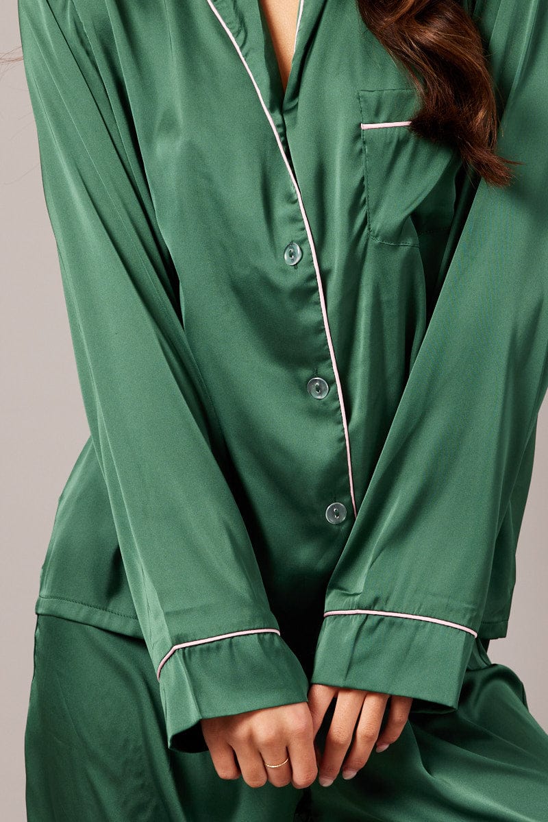 Green Satin Pyjama Contrast Piping Long Leg Pj Set