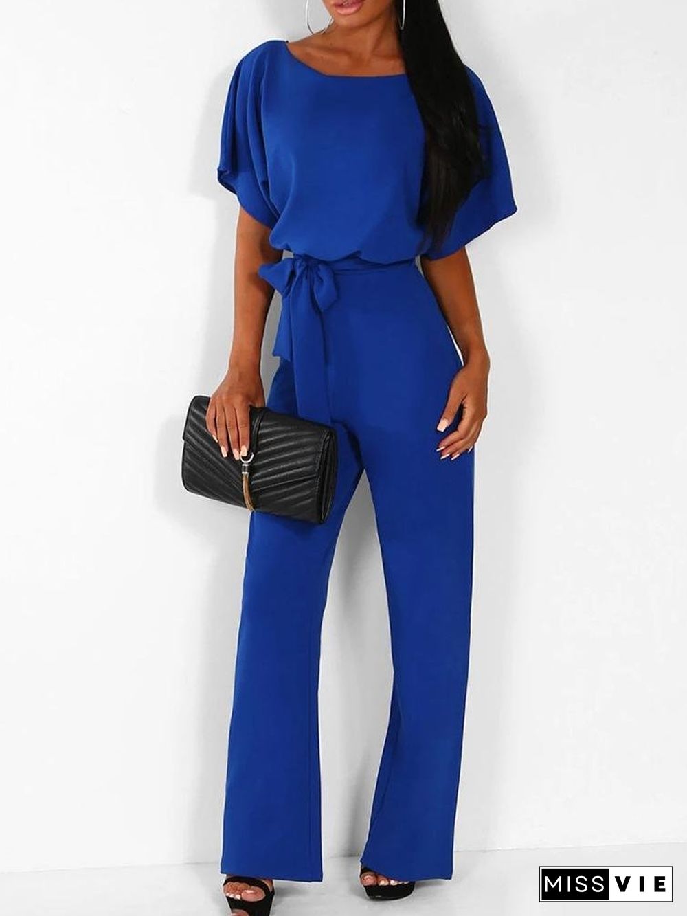 Solid Lace-up Short-sleeved Women's Jumpsuit