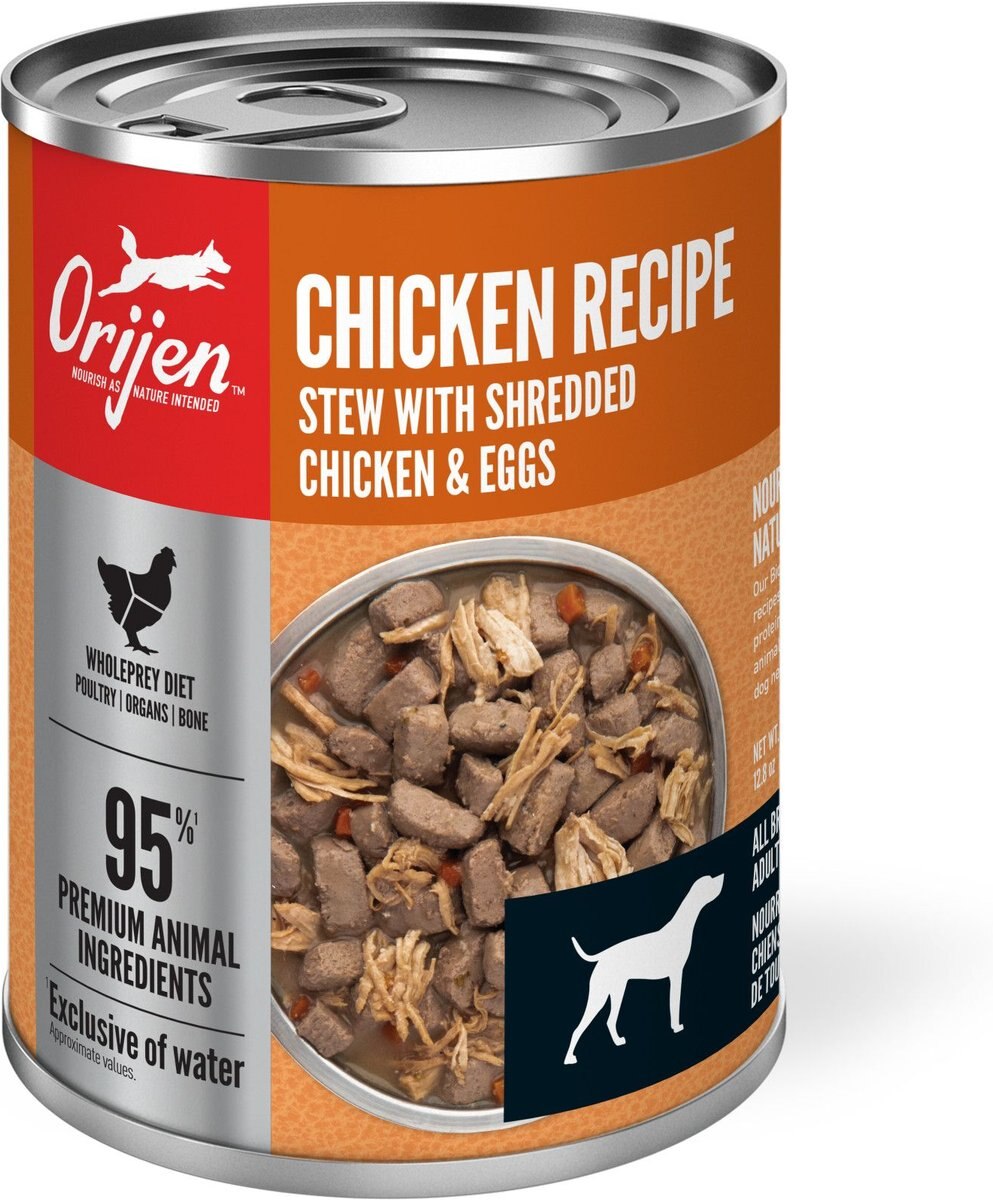 ORIJEN Real Meat Shreds Chicken Recipe Stew Grain-Free Wet Dog Food， 12.8-oz can， case of 12