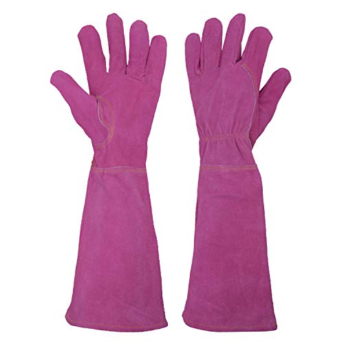 HANDLANDY Ladies Thorn Proof Gardening Gloves, Long Gauntlet Heavy Duty Garden Gloves, Elbow Length Women Leather Rose Pruning Gloves (Medium, Rosy)