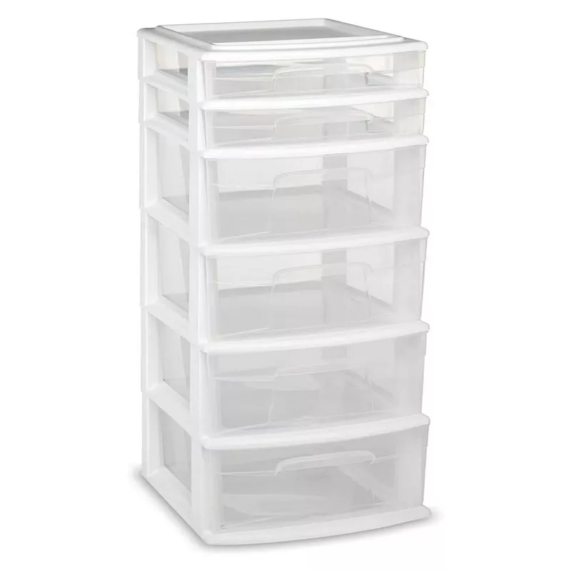 Homz Plastic 6 Clear Drawer Medium Home Storage Container Tower， White Frame