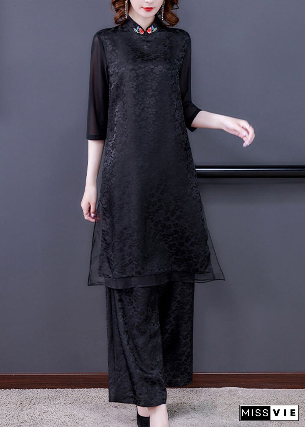 Jacquard Black Embroideried Silk Top And Wide Leg Pants Two Pieces Set Summer