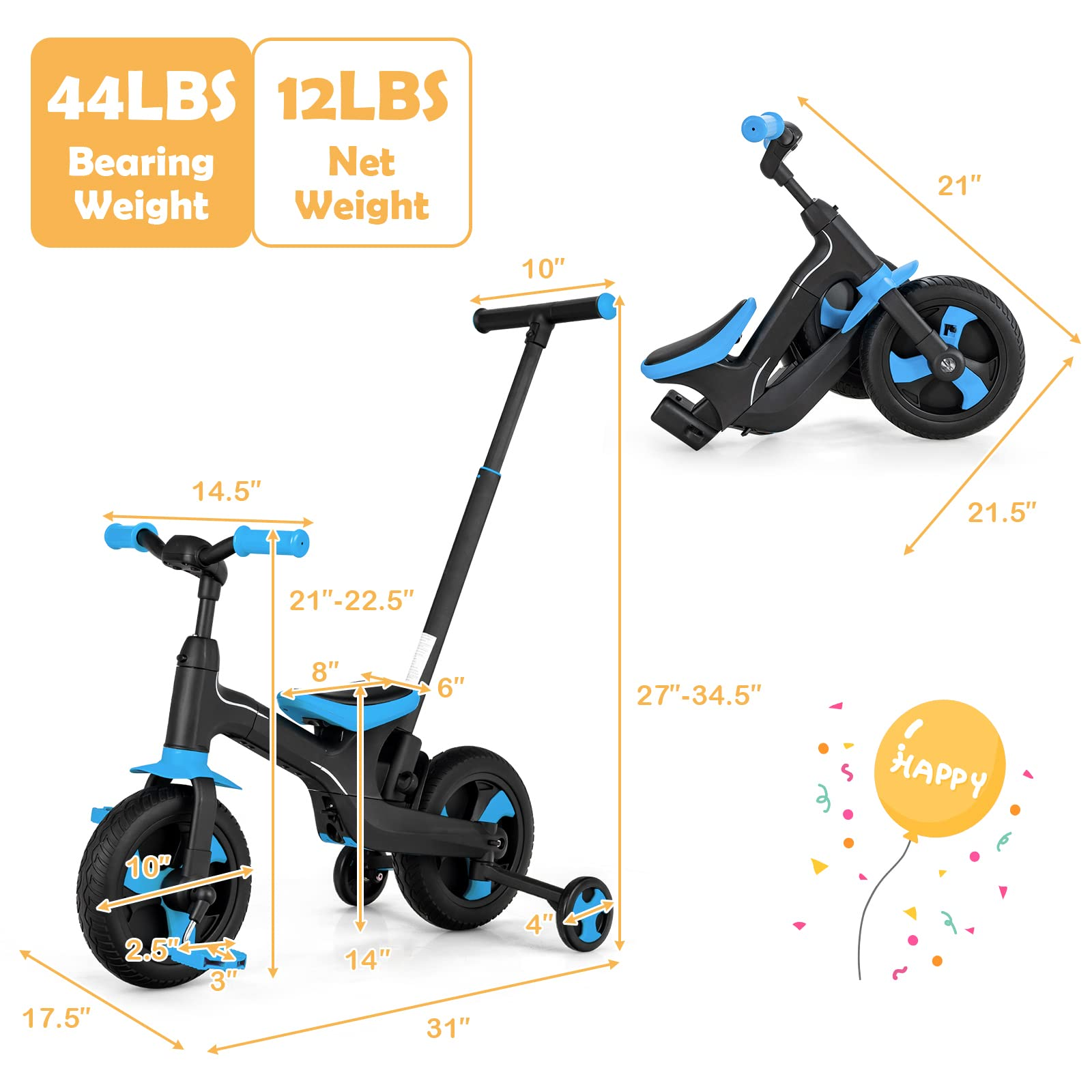 5 in 1 Toddler Tricycle, Folding Kids Trike Baby Balance Bike