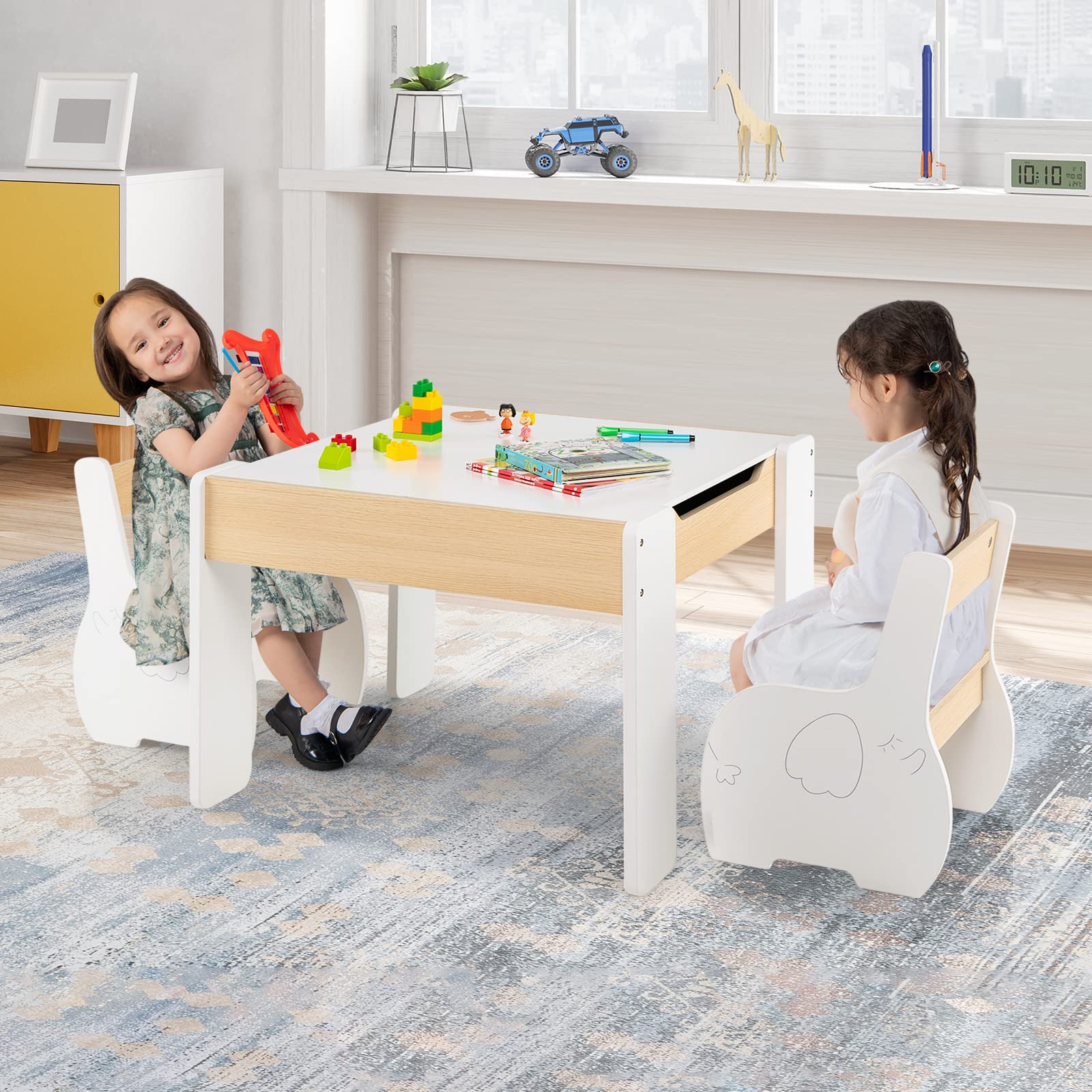 Costzon Kids Table and Chair Set, 4 in 1 Wooden Activity Table & 2 Chairs