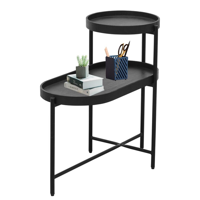 2 Tier Black Side Table with Storage for Living Room