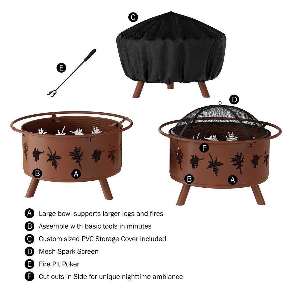 Pure Garden 32 in. W x 25 in. H Round Steel Wood Burning Outdoor Deep Fire Pit in Rugged Rust with Leaf Cutouts HW1500257