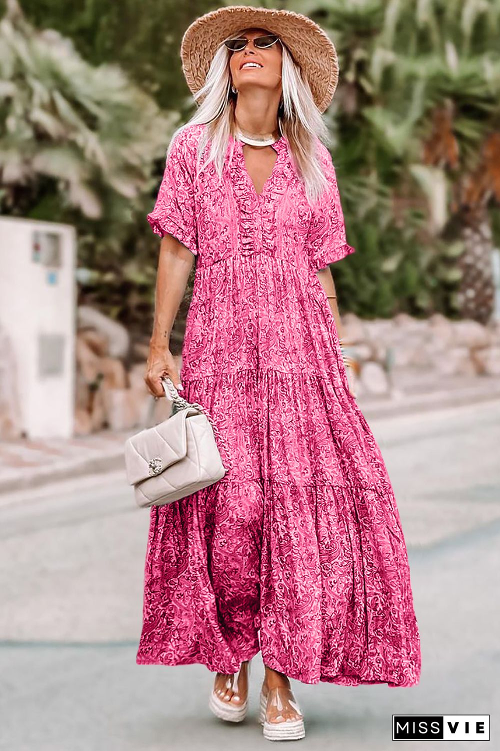 Pink Paisley Print Boho Holiday Ruffle Tiered Maxi Dress