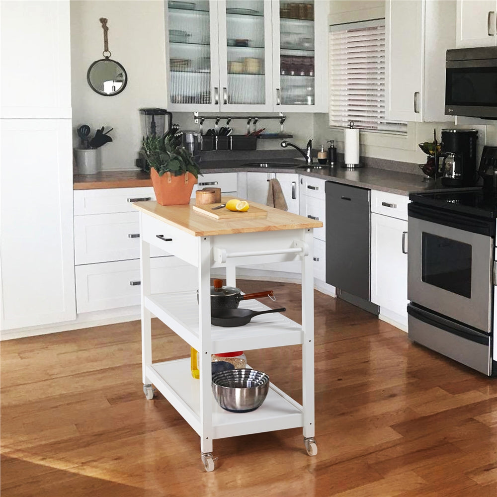 Topeakmart Kitchen Island Cart Wheels with Storage and Drawer Solid Wood Countertop White