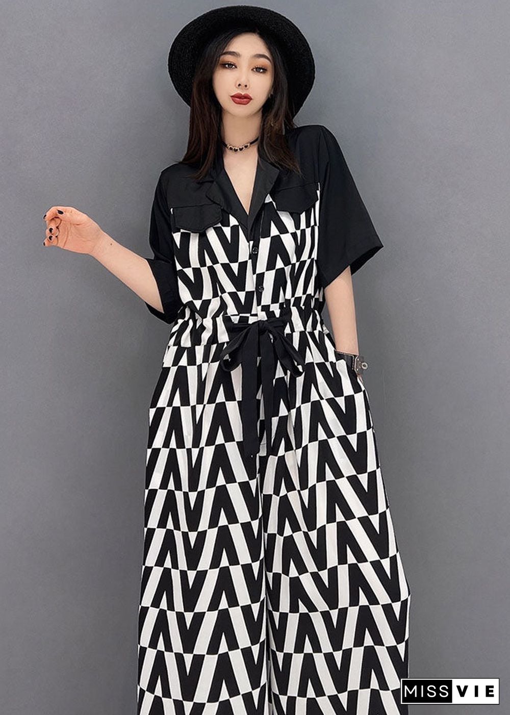 Black V Print Chiffon Jumpsuit Wide Leg Pants Tie Waist Short Sleeve