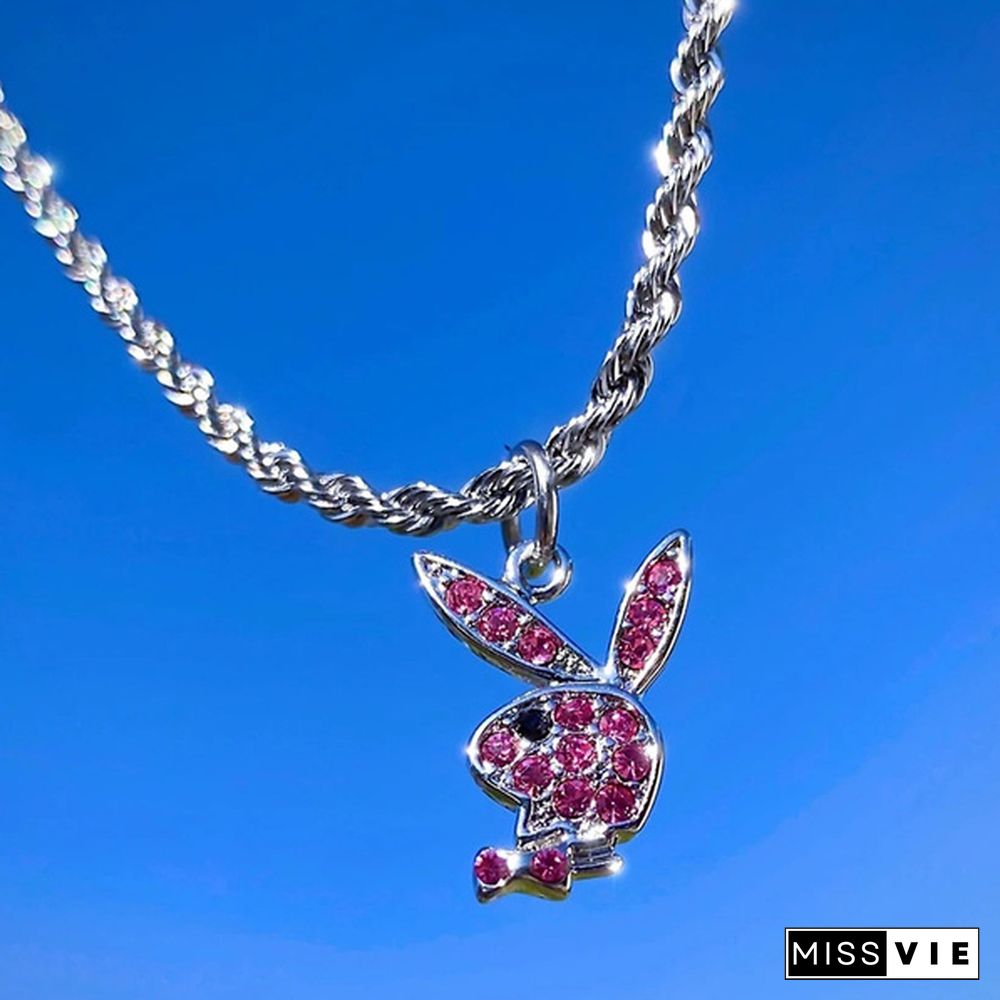 Fashion Stainless Steel Hip Pop Animal Rabbit Pendant Necklace for Women Punk Bunny Rhinestone Necklace Choker Jewelry