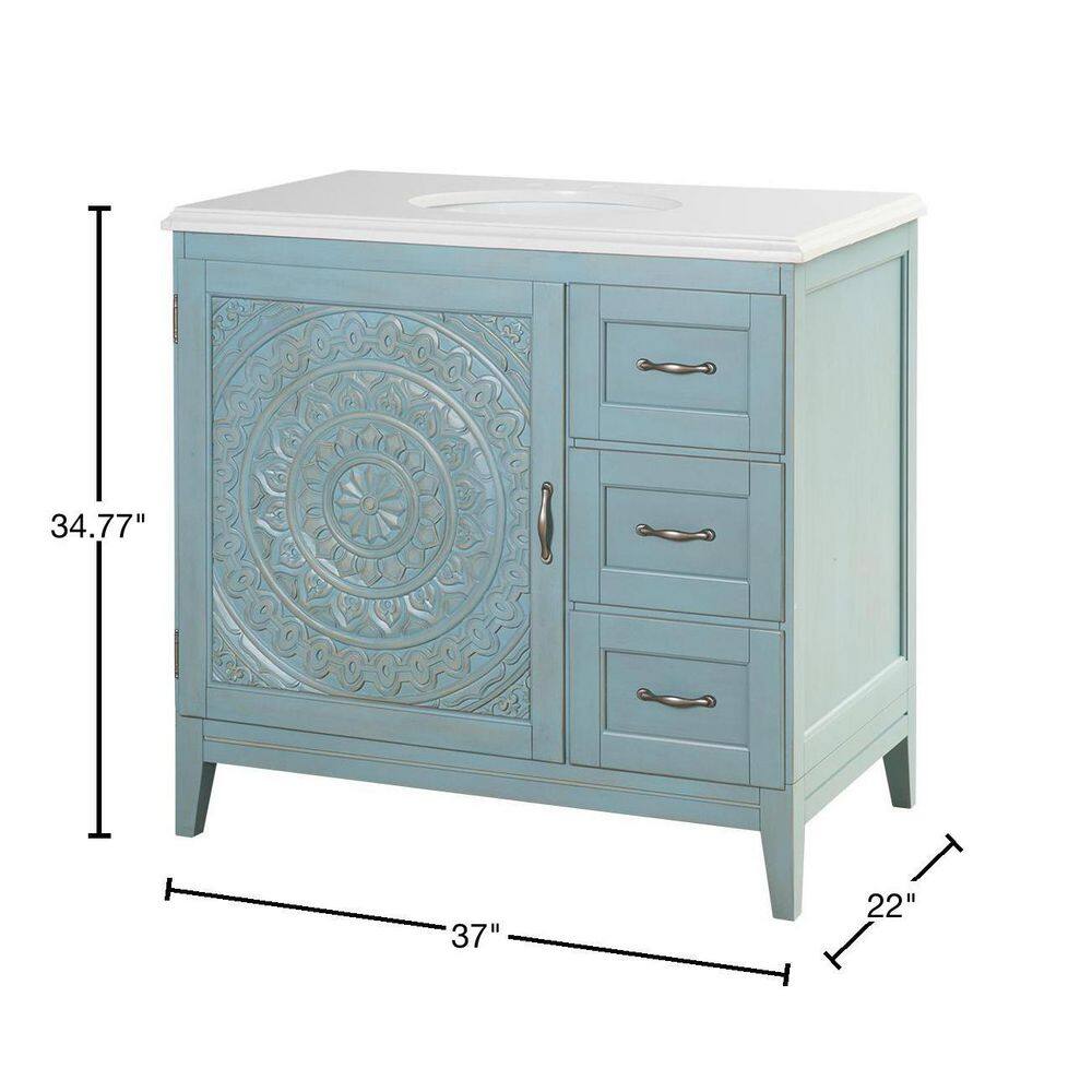 Home Decorators Collection Chennai 37 in. W Single Vanity in Blue Wash with Engineered Stone Vanity Top in Crystal White with White Sink CIBWVT3722D