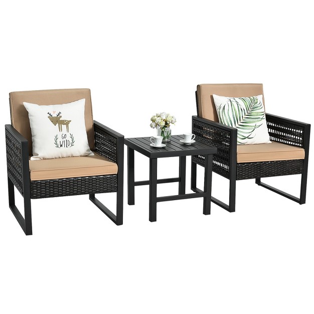 Tangkula 3 piece Patio Wicker Bistro Set Conversation Furniture Sofa With Coffee Table