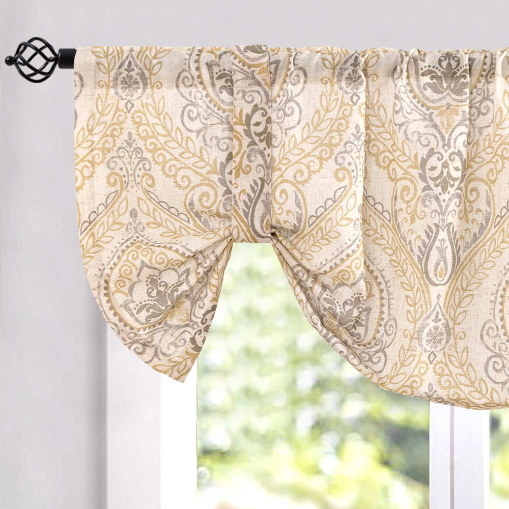 Curtainking Tie Up Damask Kitchen Valance Famhouse Curtain for Living Room 20 inch Linen Adjustable Window Valance Rod Pocket 1 Panel Yellow on Beige