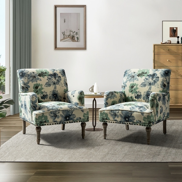 Geltrude Traditional Floral Fabric Design Upholstered Accent Armchair with Nailhead Trim Set of 2 by HULALA HOME