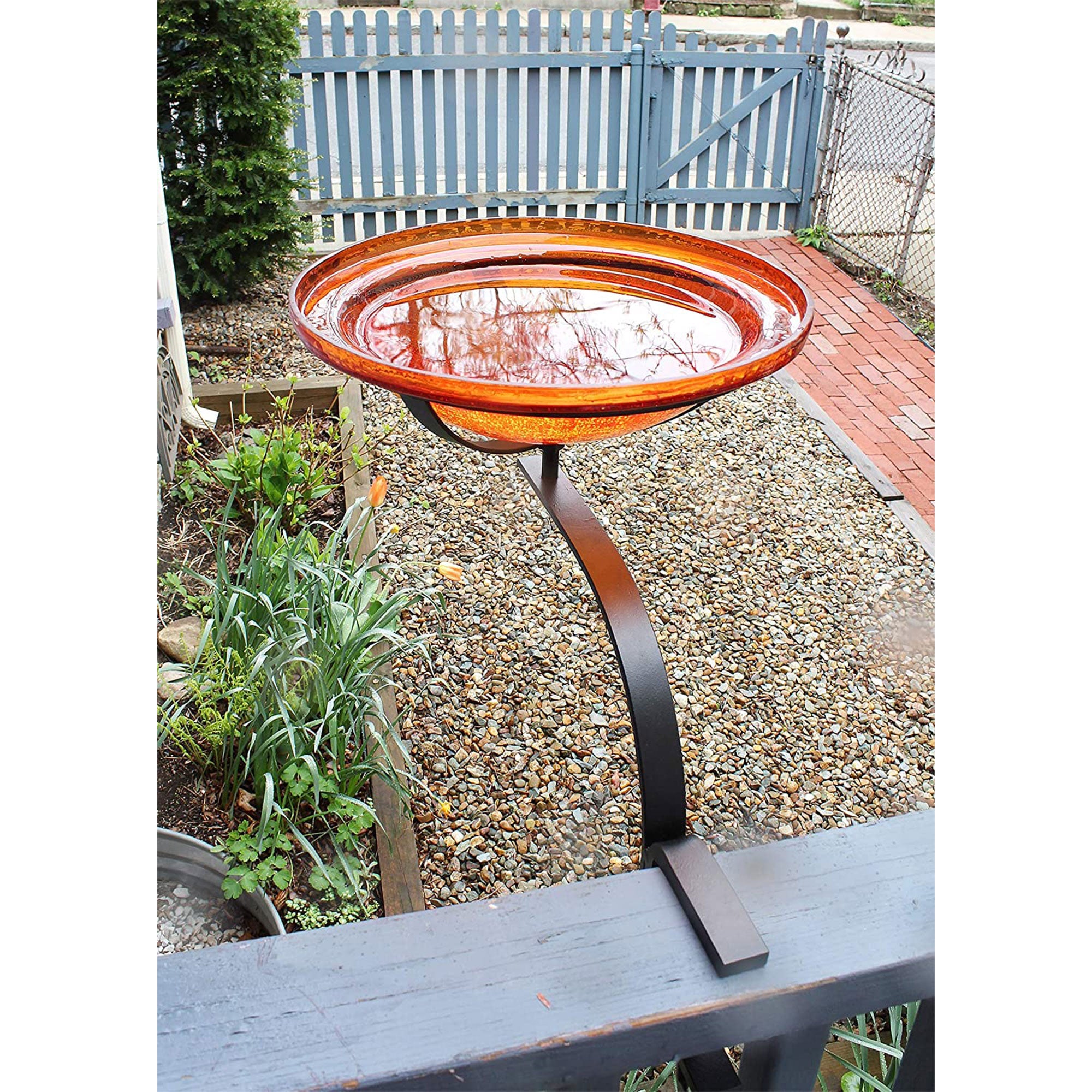 Achla Designs Crackle Glass Bowl Birdbath Decoration with Rail Mount, Mandarin