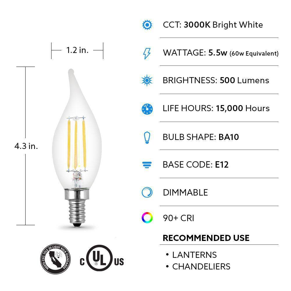 Feit Electric 60-Watt Equivalent BA10 E12 Candelabra Dimmable Filament CEC Clear Chandelier LED Light Bulb Bright White 3000K (4-Pack) BPCFC60930CAFIL4