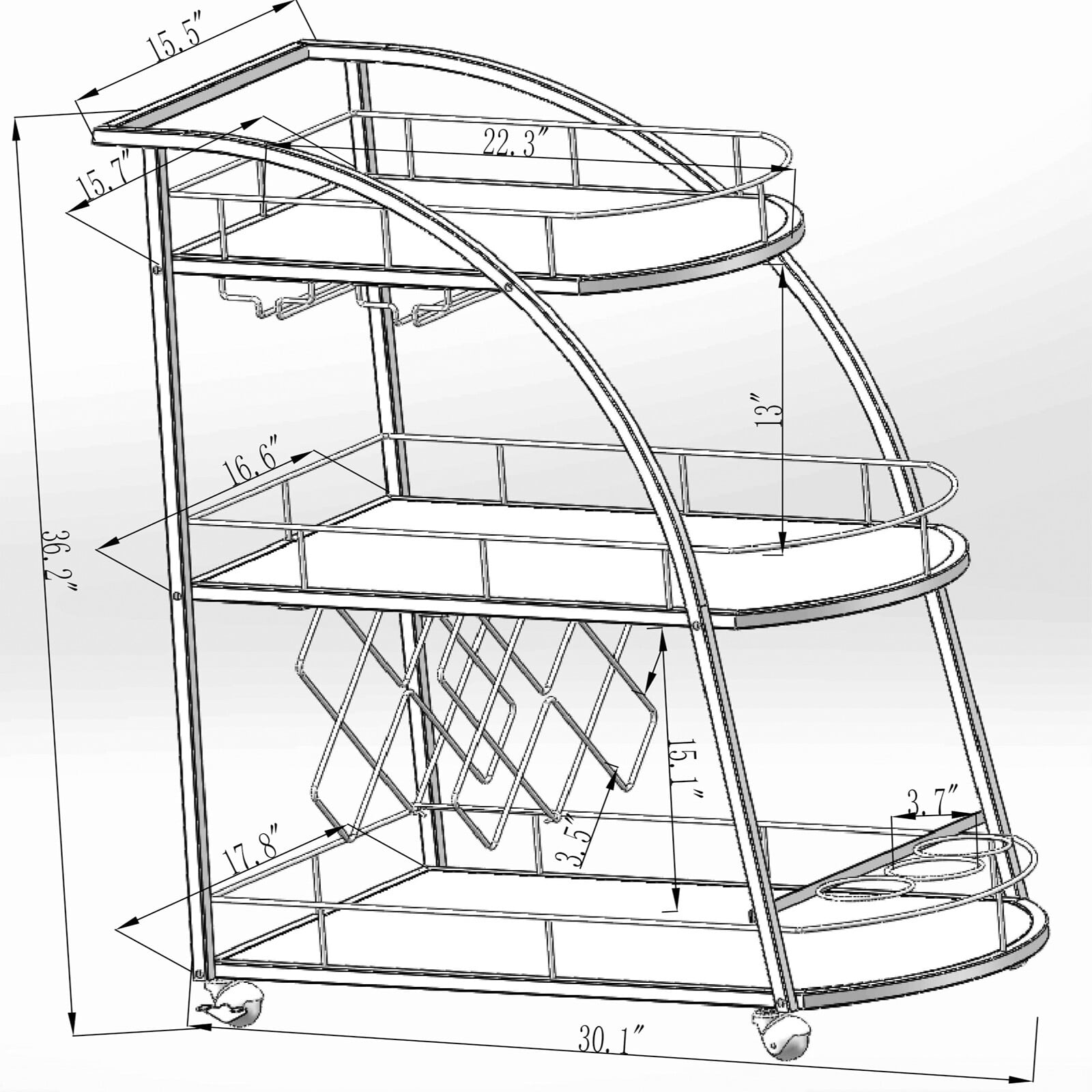 OVERDRIVE Mobile Bar Cart Serving Wine Cart with Wheels， 3-tier Metal Frame Elegant Wine Storage for Kitchen， Party， Dining Room and Living Room， Silver