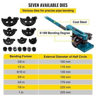 VEVOR 38 in. to 1 in. Pipe Bender Manual 0 to 180 Bending Degree Tube Bender with 7 Dies for Repair Shops Steel Metal Copper SDWGJ000000000001V0