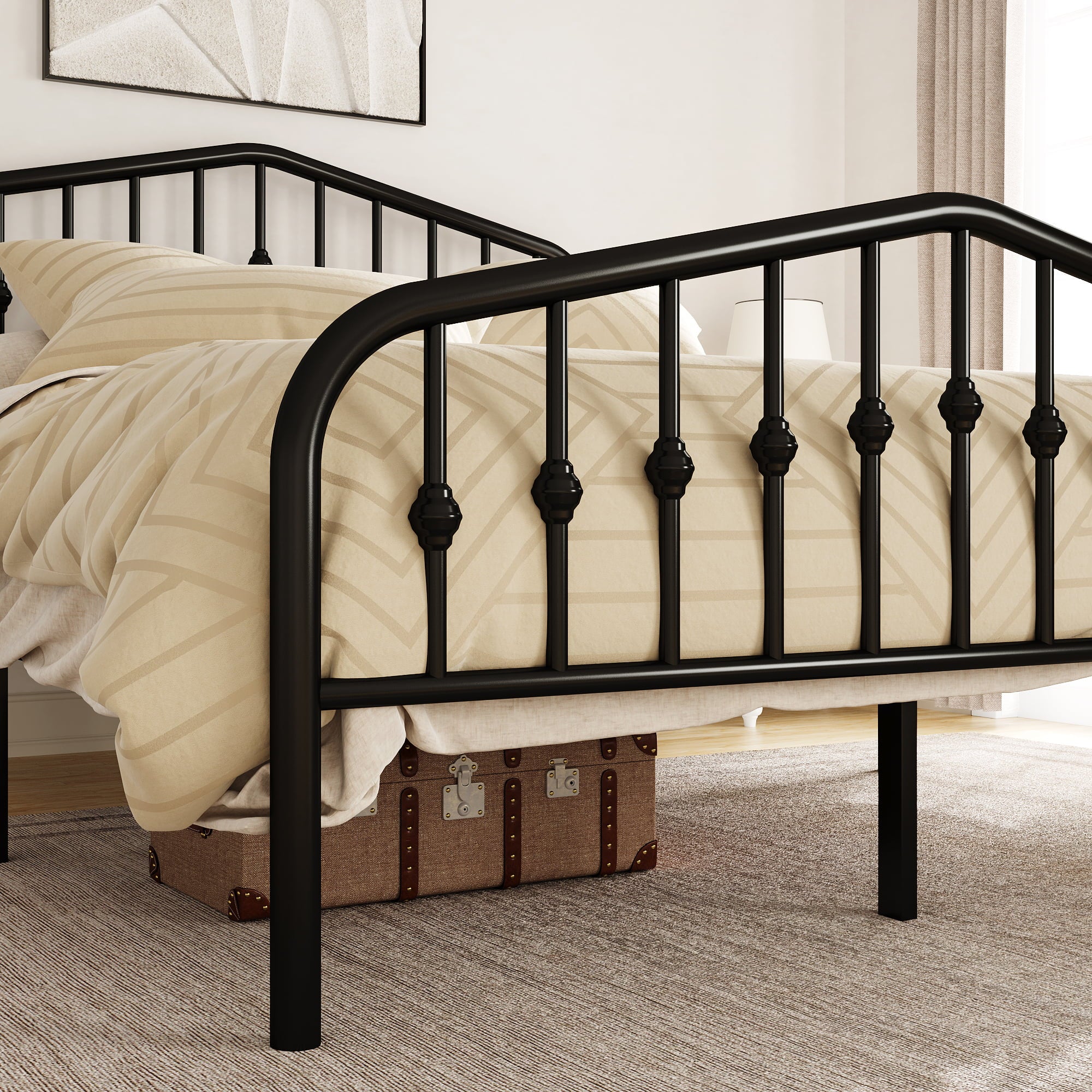 Amolife Queen Size Metal Bed Frame with Delicate Headboard and Footboard, Black