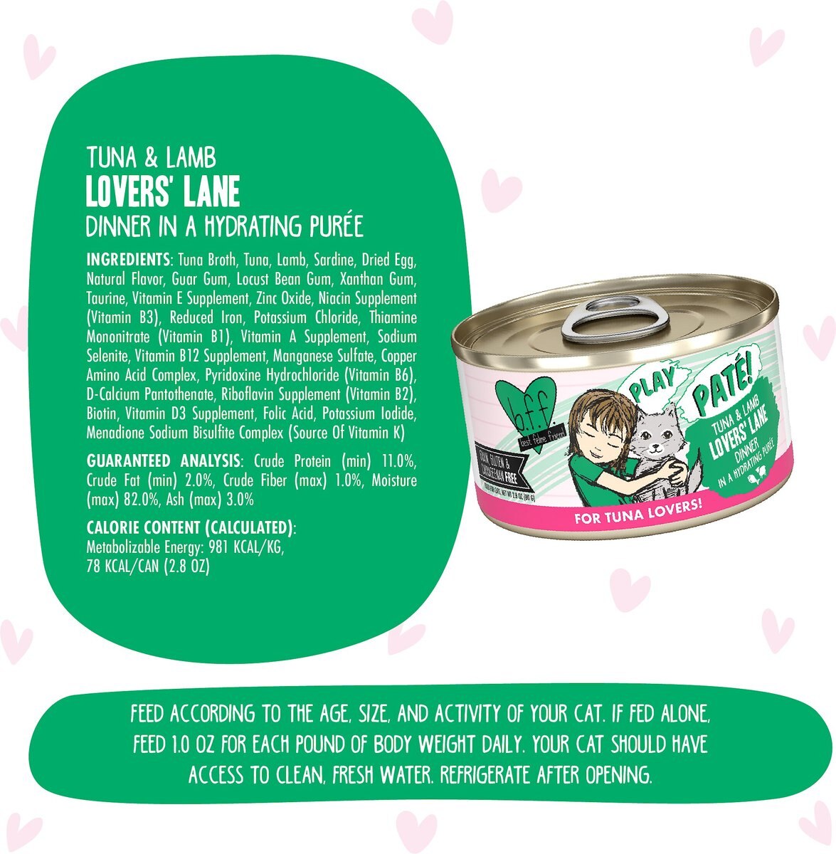 BFF Play Pate Lovers Tuna and Lamb Lovers' Lane Wet Cat Food， 2.8-oz can， pack of 12