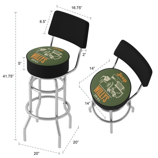 Jeep Willys 360 Degree Swivel Barstool with Foam Padded Seat And Back - 20 x 20 x 31