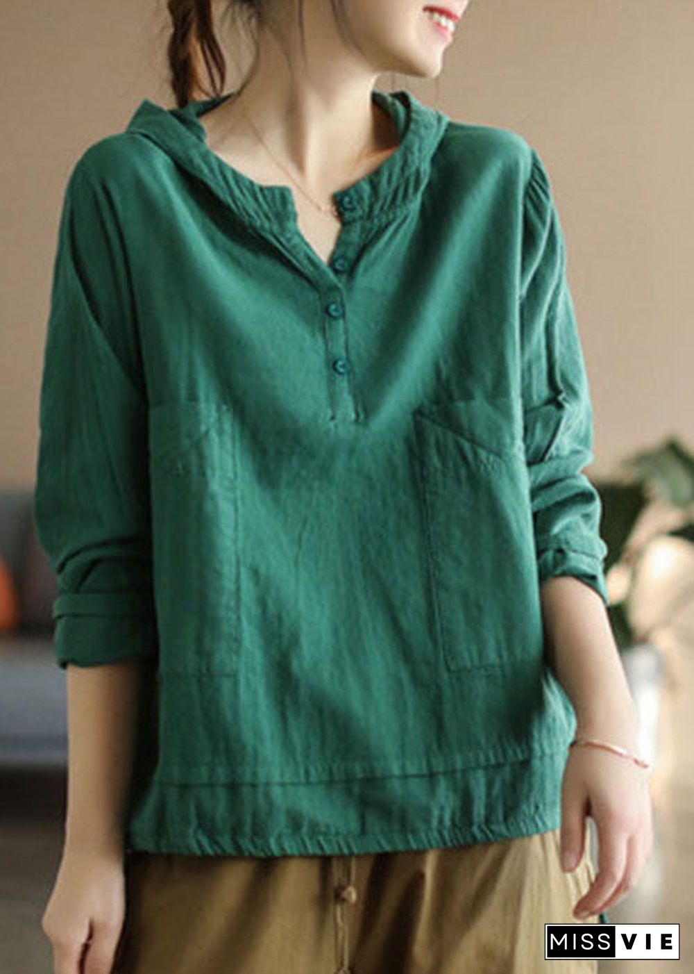 DIY Green Hooded Patchwork Oversized Cotton Shirt Top Spring