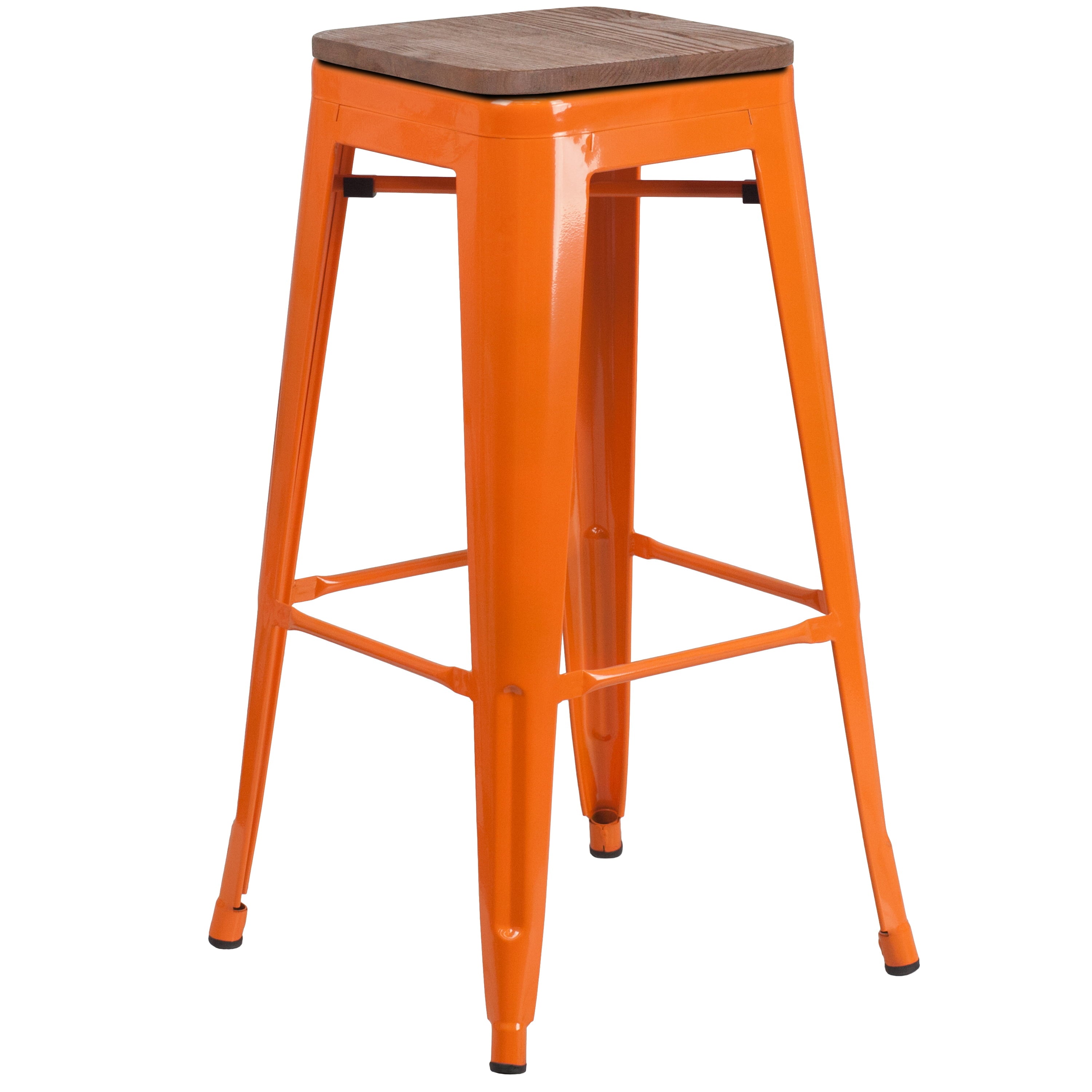 BizChair 30 High Backless Orange Metal Barstool with Square Wood Seat