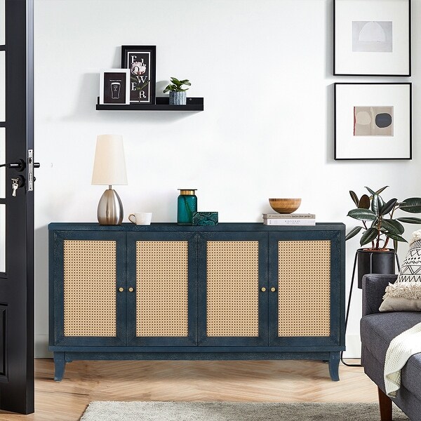 Accent Storage Cabinet Sideboard Wooden Cabinet with Antique Blue 4Doors