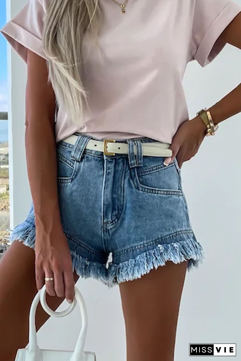 Sky Blue Raw Hem Acid Wash Denim Shorts