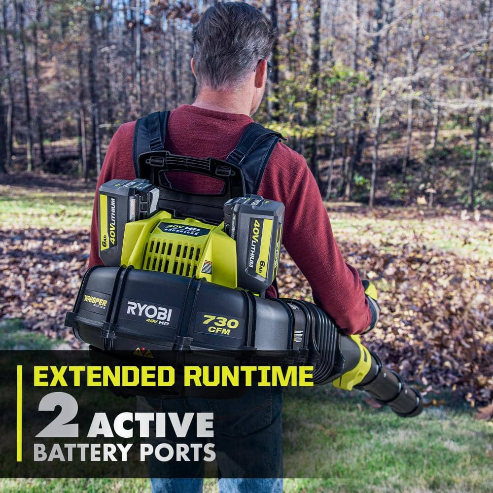 RYOBI 40V HP Brushless Whisper Series 165 MPH 730 CFM Cordless Battery Backpack Blower with (2) 6.0 Ah Batteries and Charger RY404170