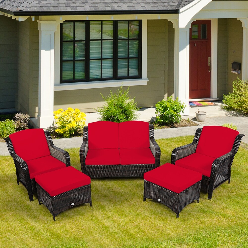 Costway 5PCS Patio Rattan Furniture Set Loveseat Sofa Ottoman