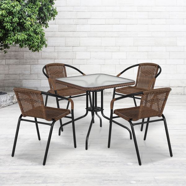 Lila 28'' Square Glass Metal Table with Dark Brown Rattan Edging and 4 Dark Brown Rattan Stack Chairs