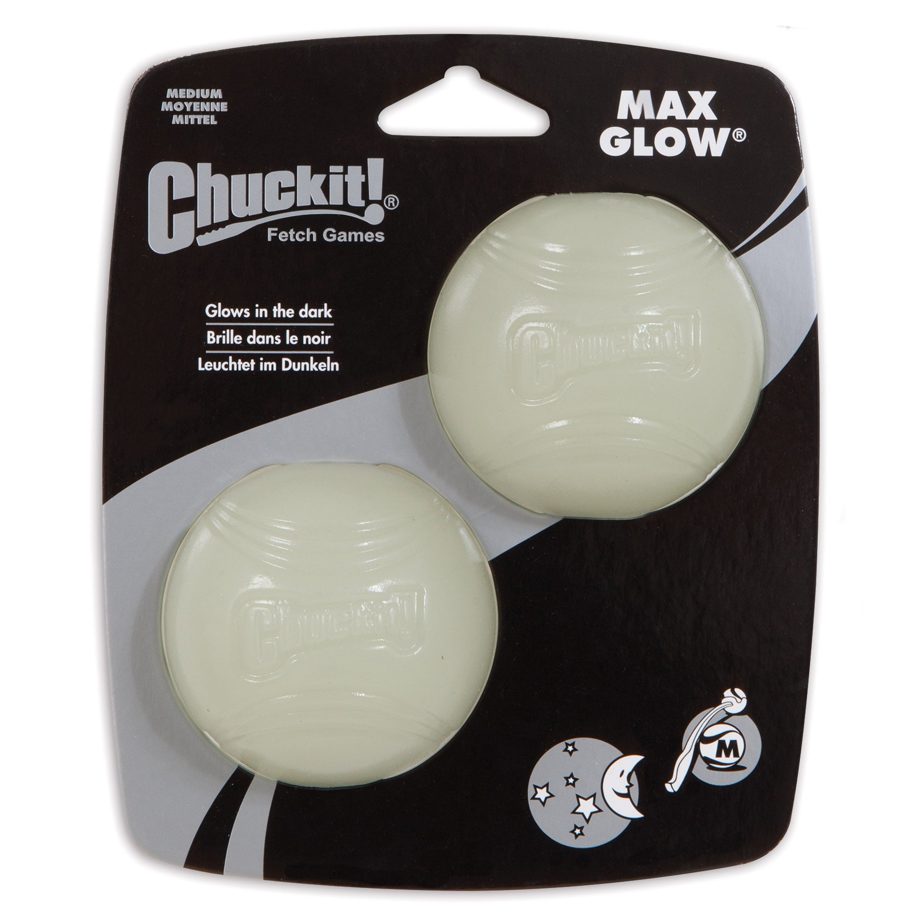 Chuckit! Max Glow Dog Toy Ball， Medium， Glow in the dark， 2 Pk