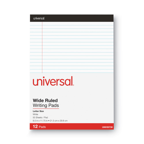 Universal Premium Ruled Writing Pads， Wide/Legal Rule， 8.5 x 11， White， 50 Sheets， 12/Pack (30730)