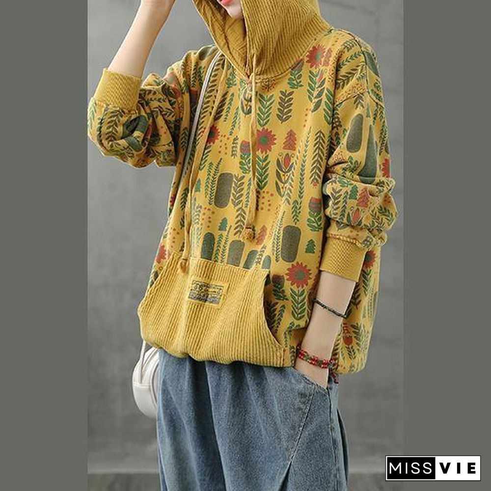 Organic hooded fall crane tops Neckline yellow Plant printing shirts