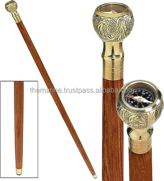 Handmade Brass Compass Handle With Brown Wooden Walking Stick  Handmade Detachable Brass Handle Walking Stick