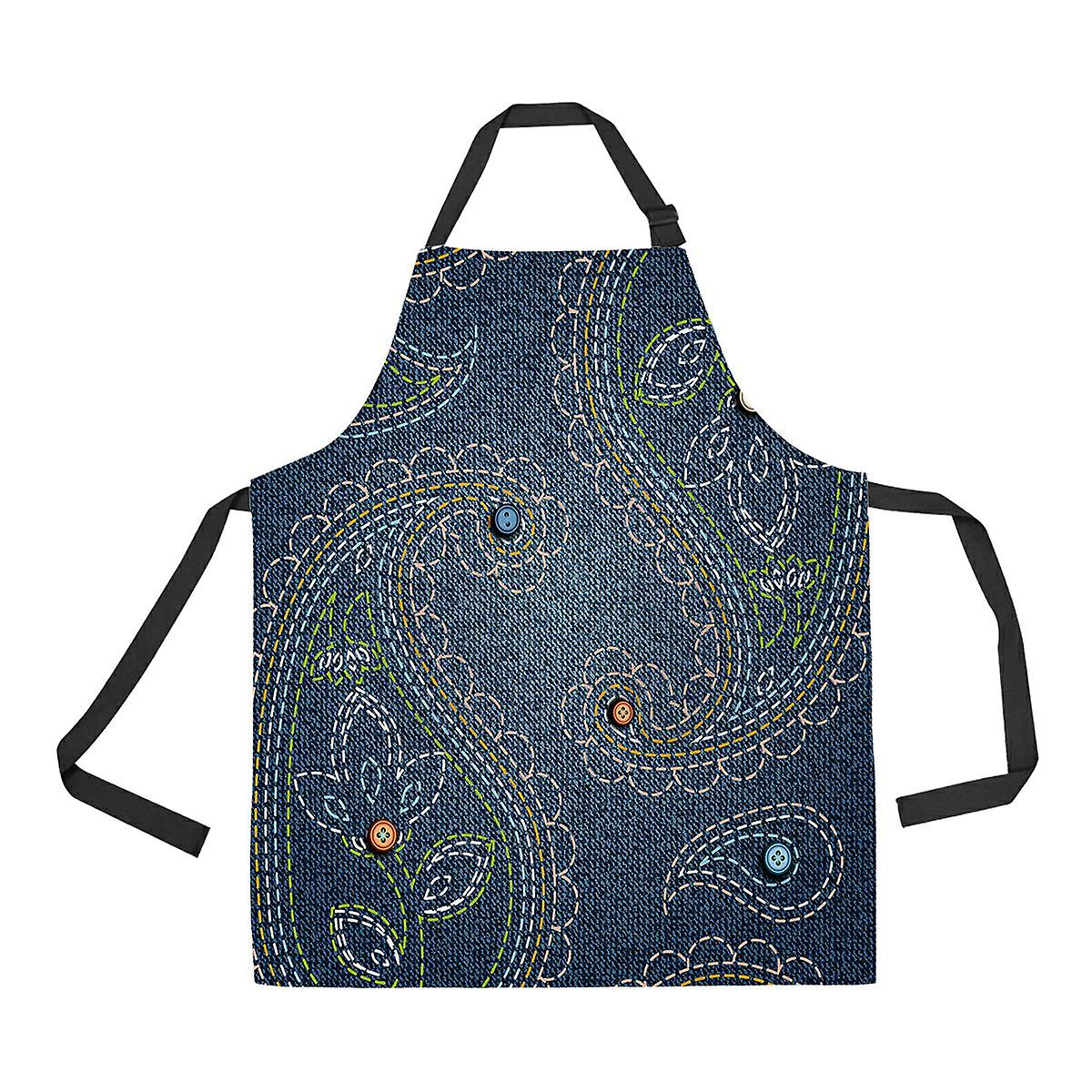 Texture Denim Fabric Buttons Embroidery Paisley Apron Home Kitchen Apron With Pockets