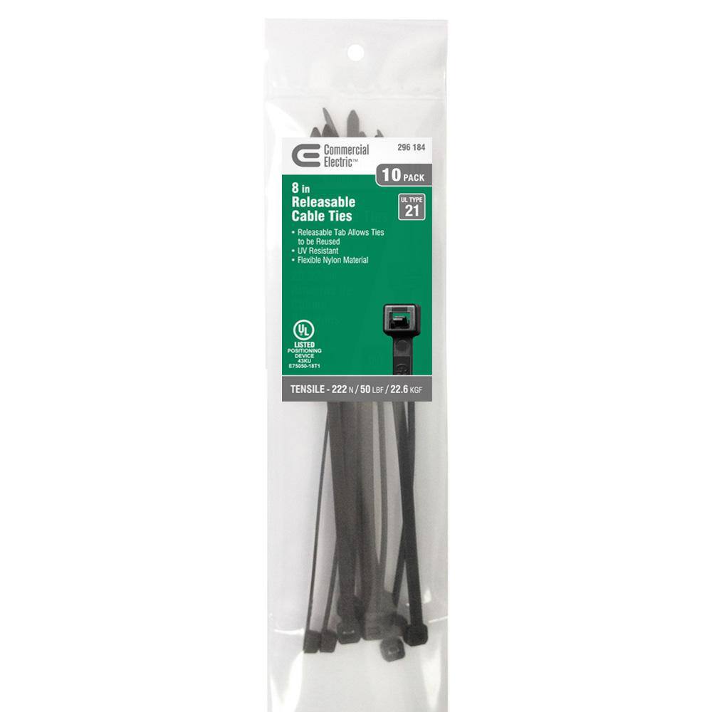 Commercial Electric 8 in. UV Releasable Cable Tie Black (10-Pack) GTR-200STB(10)