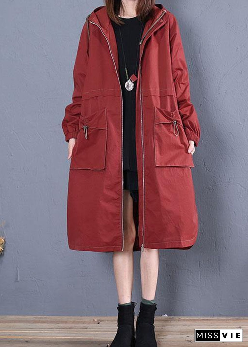 Elegant Loose fitting long jackets fall jacket red side open hooded Coat Women